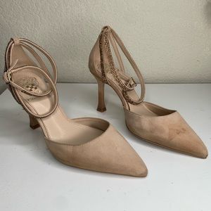 Vince camuto tan suede heels, with rhinestones straps, size 6.5